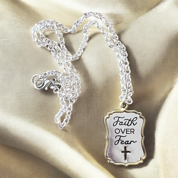 Silver and Gold Toned Pendant Necklace with Cross Detail “Faith Over Fear” - Picture 11 of 17